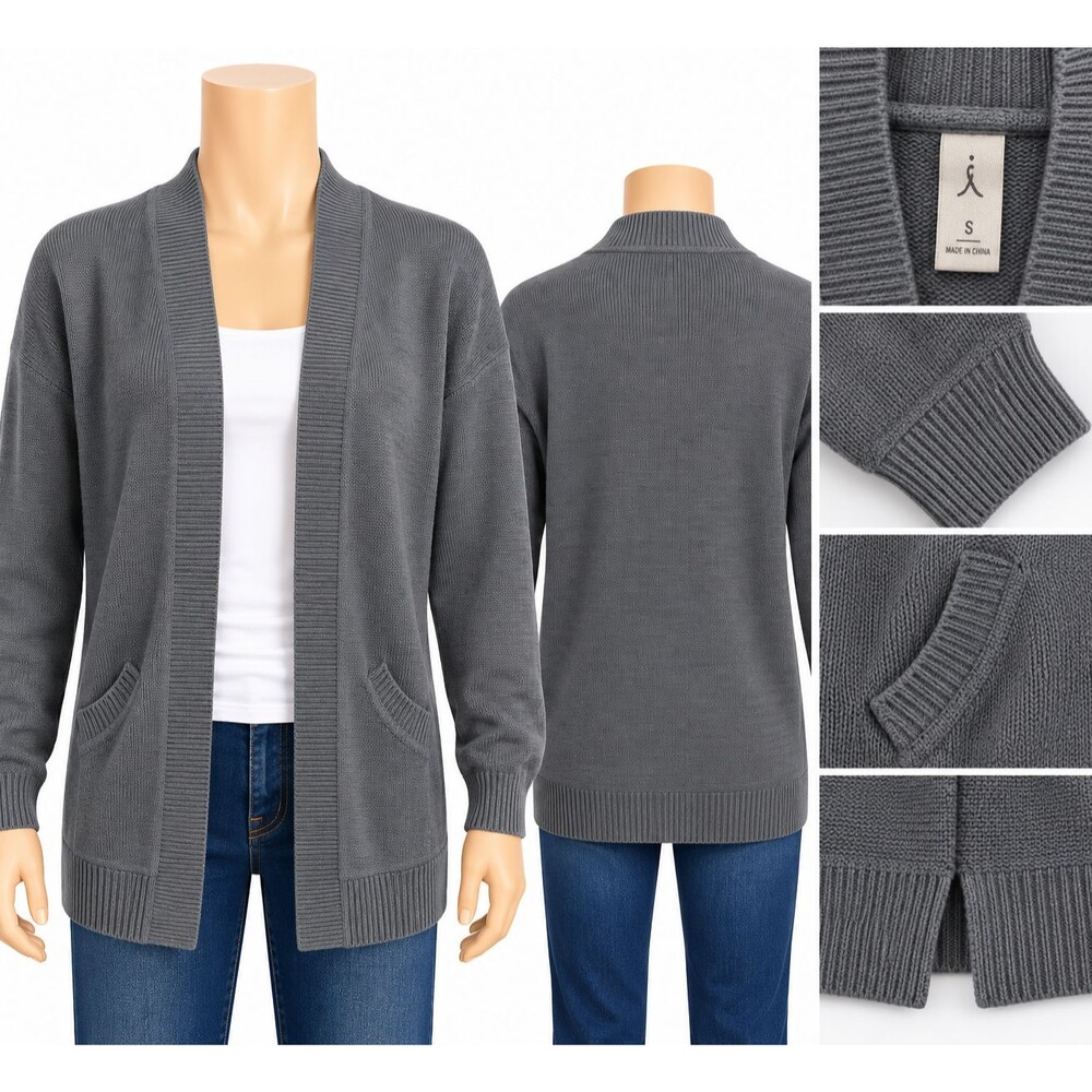 Seven7 S Womens Gray Open Cardigan Sweater Ribbed Knit Pockets Long Sleeve